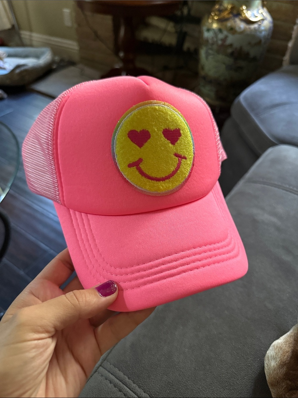 Neon Pink Trucker Hat with Smiley Patch SnapBack unisex fit NWT